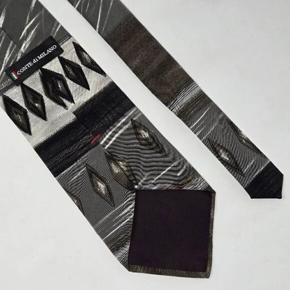 CONTE DI MILANO MADE IN ITALY SILK TIE GRAY OLIVE DIAMOND WATERCOLOR 4" X 58" - Picture 2 of 2
